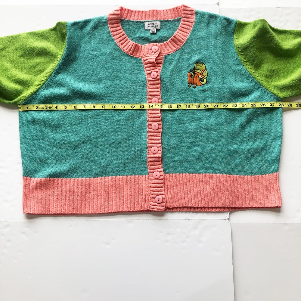 Unique Vintage Sweater Womens 4X 5X Colorblock Teal Green Pink Frog Cardigan - Picture 11 of 12